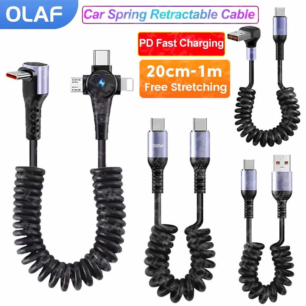 Cable USB tipo C de carga rápida 3 en 1, 66W, 6A, 20cm a 1m, 100W, Cable corto de resorte tipo C a C para iPhone 15 16, Cable USB C de codo