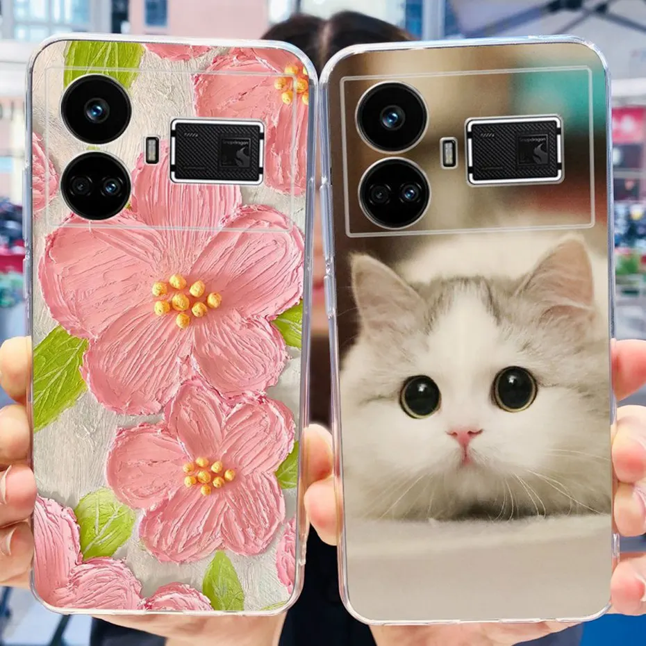 Funda de silicona blanda para Realme GT5, carcasa trasera de teléfono TPU transparente pintada con Gato y flores, para Realme GT5 240W GT 5 5G