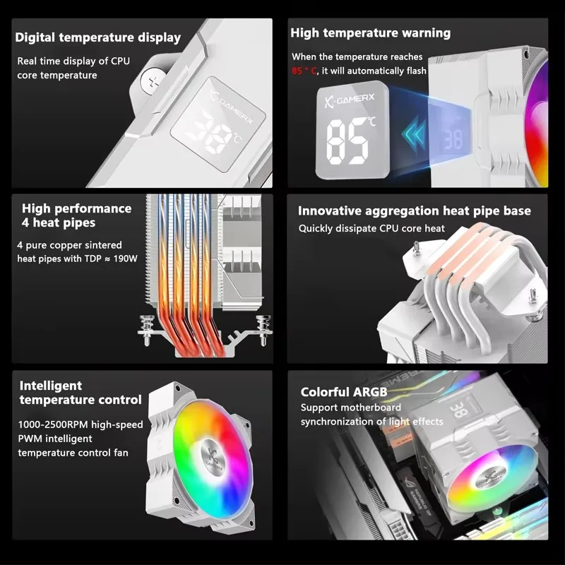 Enfriador de CPU Power Train x-gamamerx Z-1300 ARGB con pantalla Digital de temperatura, radiador, 4 tubos de calor para LGA1700/1200 115X AM4 AM5 - imagen 4