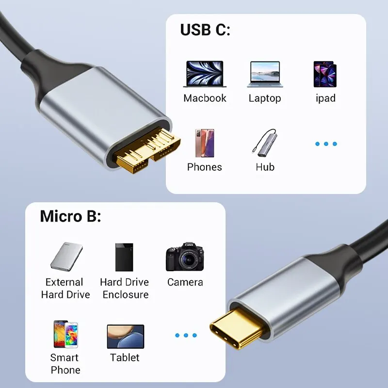Cable USB C a Micro B Cables de Disco Duro Trenzado USB 3,0 Tipo C Macho a Micro B Cable Macho para MacBook Toshiba Canvio - imagen 3