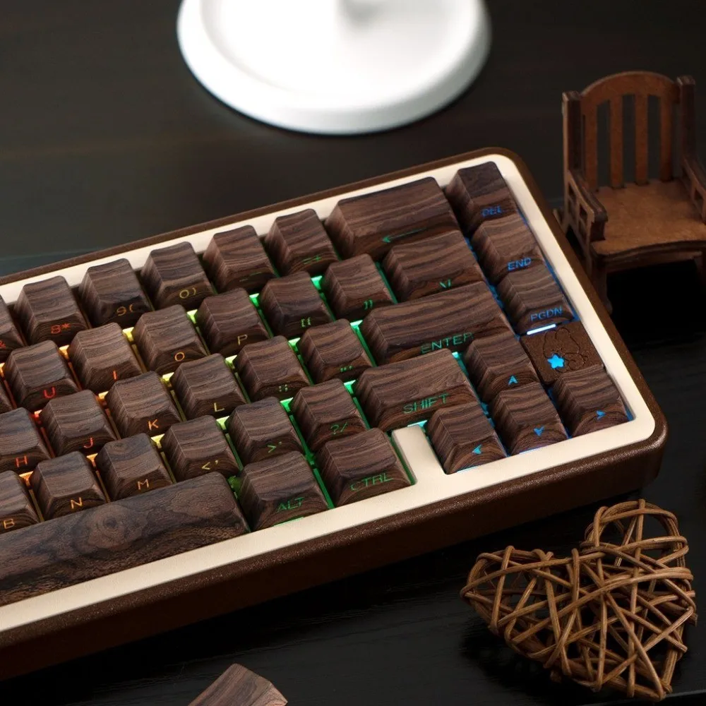 (No madera auténtica) Teclas de madera de imitación de nogal con estampado lateral de cereza que brilla a través de teclas de Material PBT para tapas de teclado mecánico - imagen 4