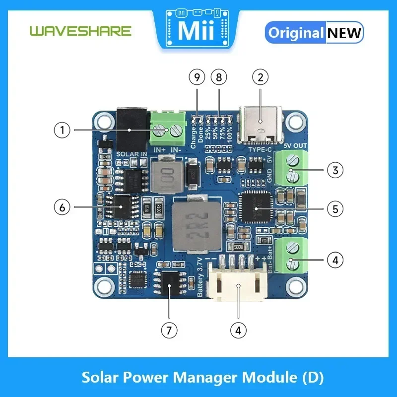 Waveshare Módulo administrador de energía solar D 6V ~ 24V Panel solar Adaptador de corriente tipo C 5V / 3A Salida regulada para electrónica - imagen 4