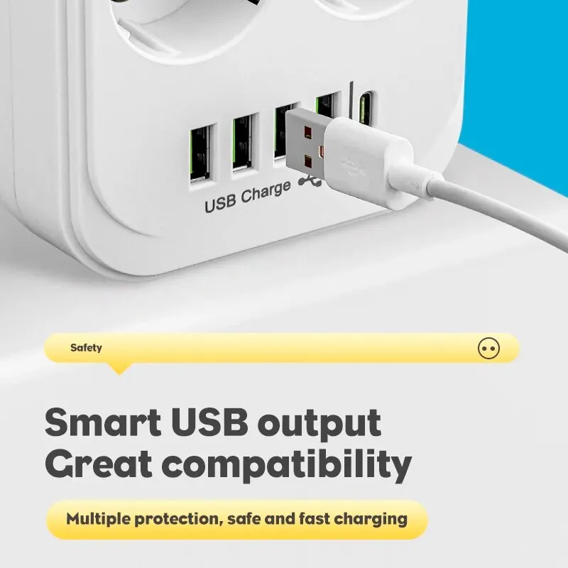 Regleta de corriente alterna con enchufe europeo, cable de extensión multitoque, enchufe eléctrico con 4 puertos USB, carga rápida, filtro de red multifunción - imagen 5