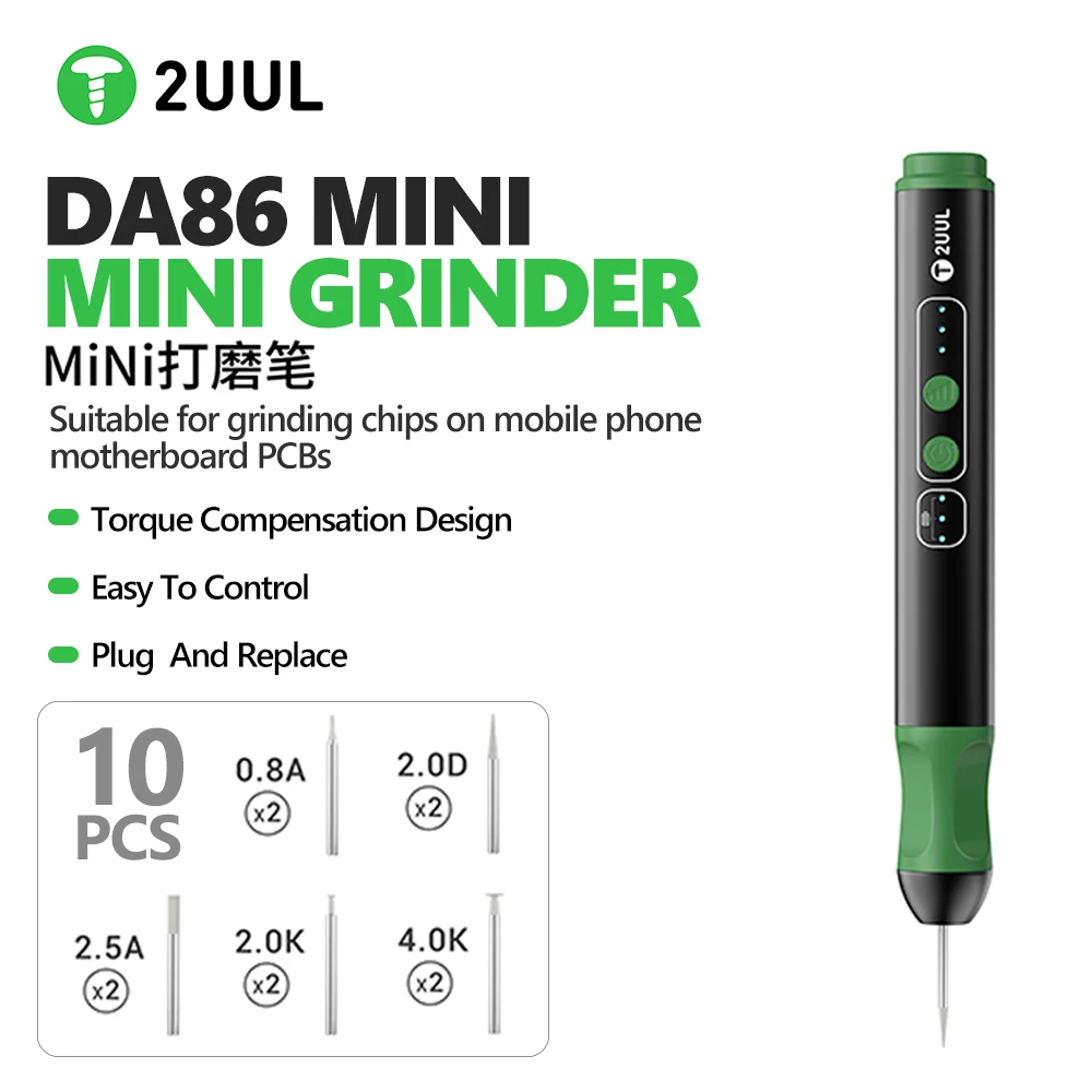 2UUL DA86 Mini Grinding Pen Set with 10 Grinding Heads for Mobile Phone Motherboard PCB Chip CPU Component Repair Grinding Tool - imagen 2