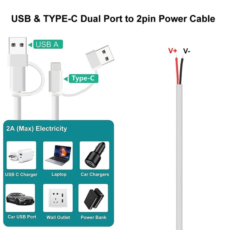 Cable USB C Pigtail de 2 núcleos, Cable USB tipo C macho a 2 pines, Cable Pigtail DIY de 5V, 2a, Cable de alimentación USB C para enrutadores de luz LED - imagen 5