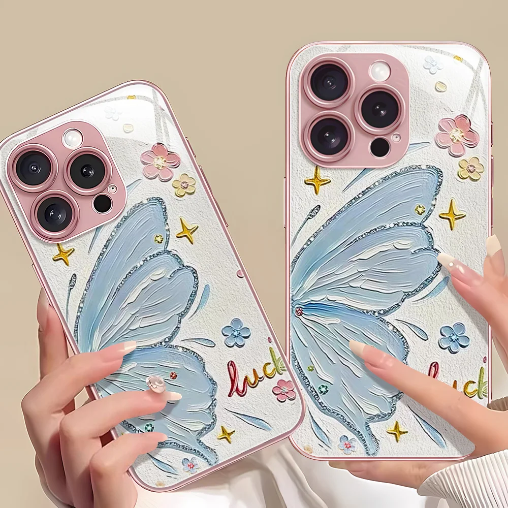 Funda de teléfono de vidrio templado para iPhone 17 13 11 16 14 15 Pro Max 12 17 Air 16E XR X Xs 7 8 Plus Funda de mariposa a prueba de golpes - imagen 3