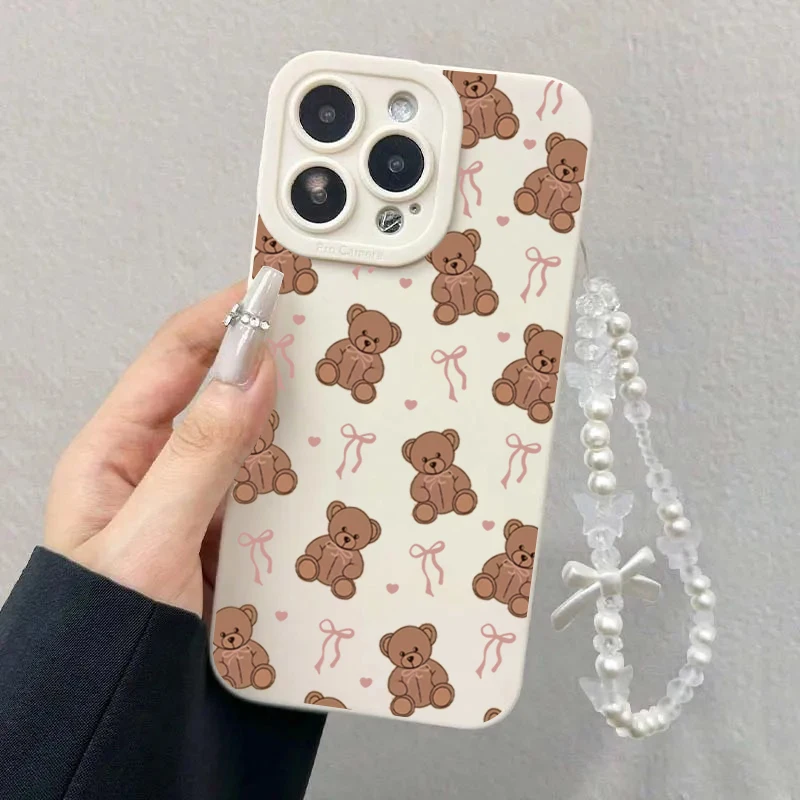 Funda de teléfono con cordón de perla blanca y oso con lazo bonito para iPhone 17 16 15 14 13 12 11 Pro Max 7 8 Plus 16E 17Air X XR XS - imagen 2