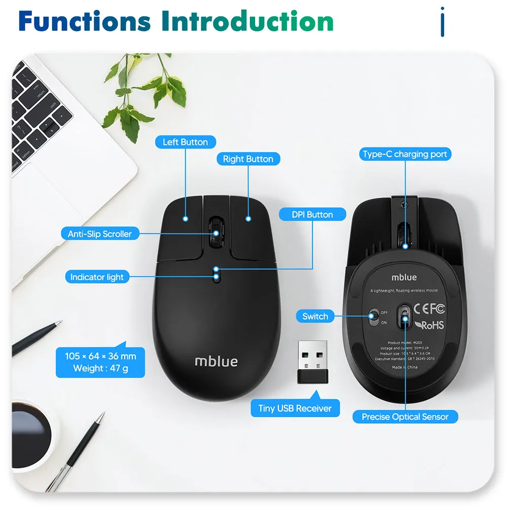 Ratón ligero inalámbrico MEIZU Mblue M203 2,4G, ergonómico, 1600DPI, 4 botones silenciosos, para ordenador, PC y portátil - imagen 5