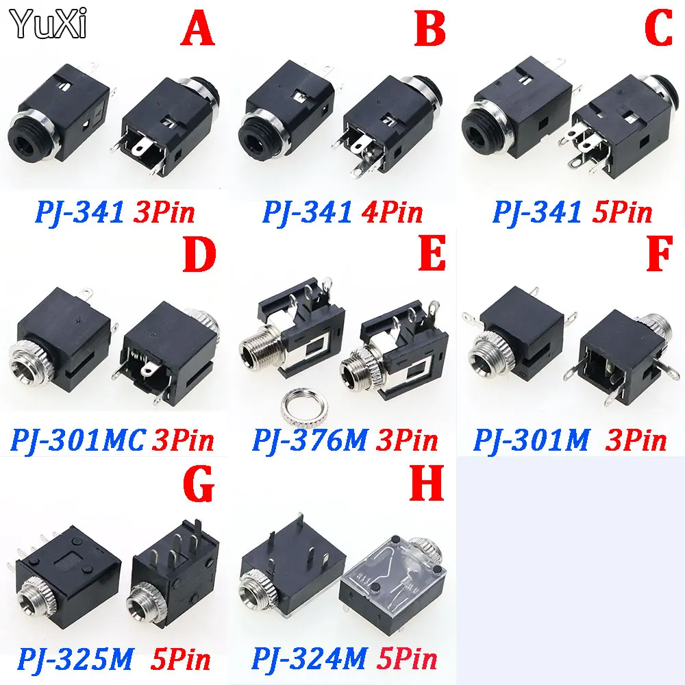 Conector de Audio para auriculares, conector cilíndrico de 5 piezas, 3,5mm, estéreo, PJ341, 301, 376M, 301M, 325M, hembra, con tornillo 3,5, PJ-324