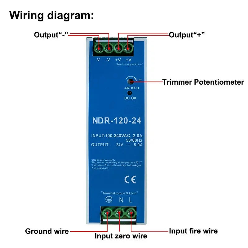 Fuente de alimentación conmutada de salida única, 12V, 24V, 48V, NDR120W, 100-120Vac/180-240VAC, carril DIN Industrial montado AC a DC - imagen 3