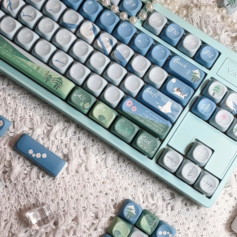 Teclas con tema de montaña azul, perfil PBT Dye MOA, tapa de teclado para juegos personalizada para teclado mecánico, regalos Kawaii de dibujos animados - imagen 3