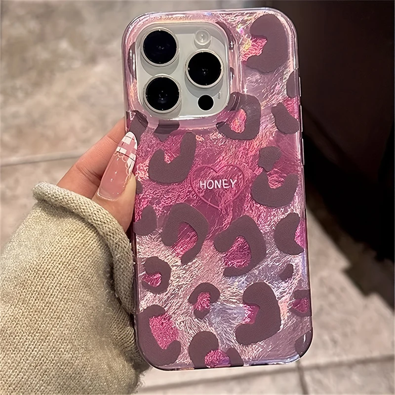 Bonita funda de teléfono con estampado de leopardo rosa láser para iPhone 15 16 14 13 12 11 Pro Max 7 8 Plus X XS XR elegante funda de silicona con forma de corazón de amor - imagen 5