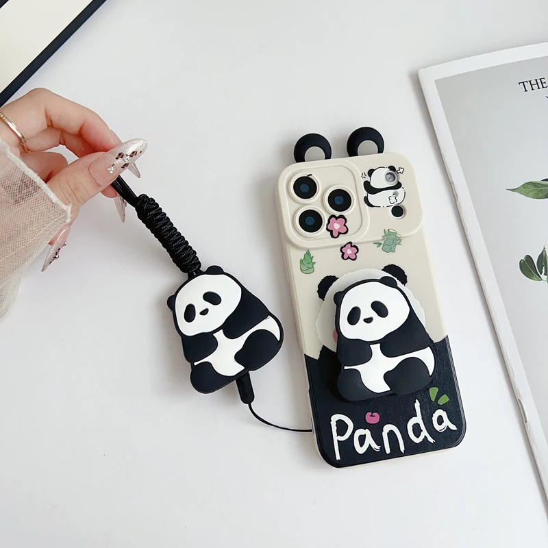 Lindo panda de oreja kawaii para Samsung Galaxy S20 S21 S22 S23 S24 S25 Plus Ultra FE Edge funda con soporte de cuerda - imagen 2