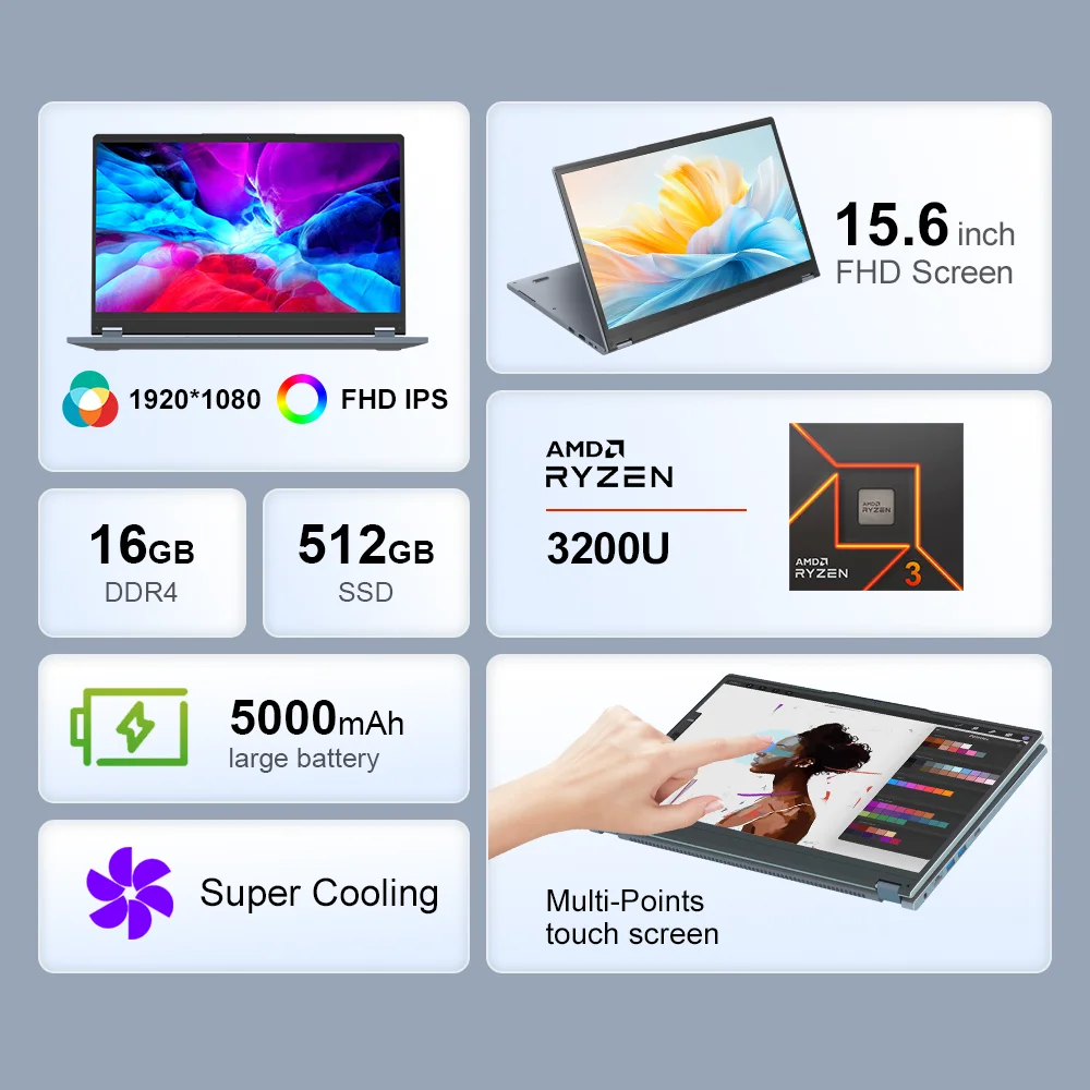 Ninkear 2 en 1 Laptop YBOOK 15 El mejor regalo de Navidad AMD ™ Ryzen 3 3200U 16GB DDR4 + 512GB SSD 15,6 pulgadas 360 grados - imagen 2