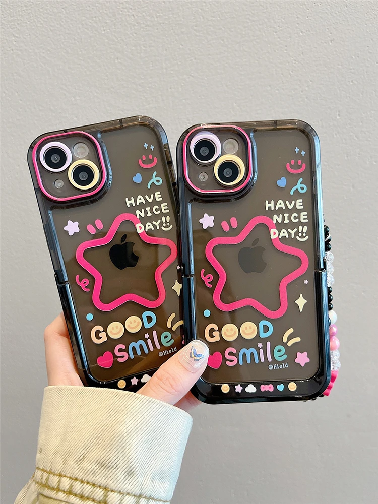 Funda plegable con soporte y estrellas de cara sonriente de dibujos animados para iPhone 16 17 Pro Max 15 14 13 12 11 15 Plus, funda transparente de TPU para teléfono - imagen 5