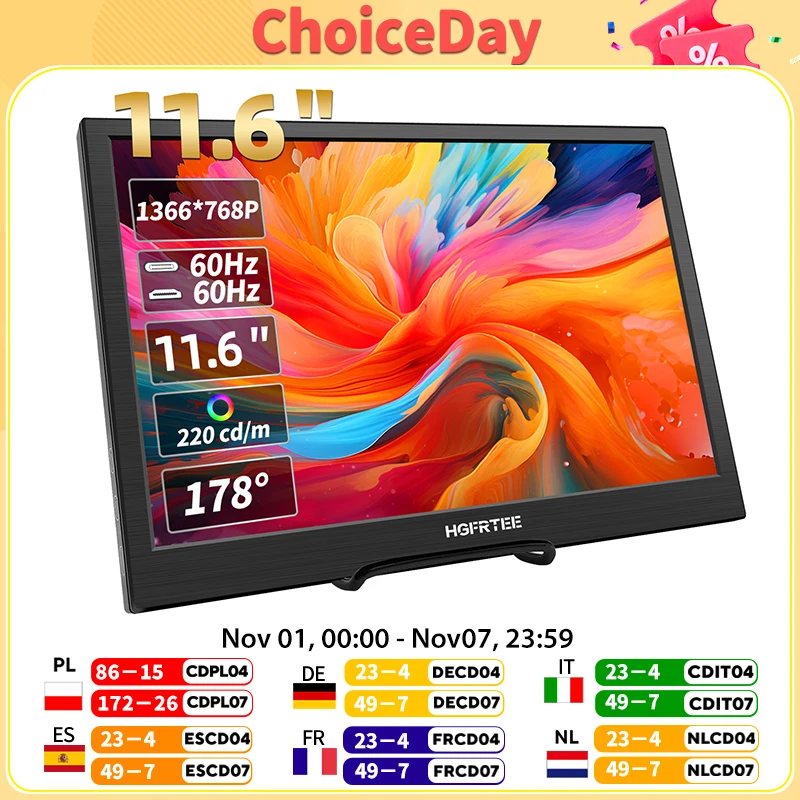 HGFRTEE-Monitor portátil de 11,6 pulgadas para videojuegos, Monitor extendido, Compatible con HDMI, segunda pantalla para Switch/PS4/Raspberry Pi