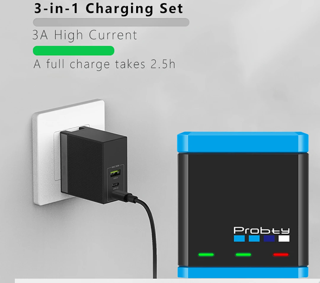 Paquete de 3 baterías de 1850mAh para GoPro 10 9 3 ranuras cargador caja de carga para GoPro Hero 9 10 accesorios - imagen 4