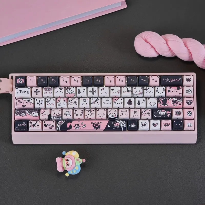 Lindo encanto negro cabeza de gato Keycap Set dibujos animados sublimación de calor juego Teclado mecánico Keycap Compatible con Wooting 68ace - imagen 2