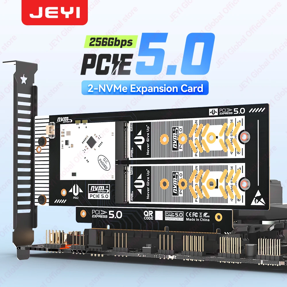 JEYI admite adaptador RAID PCIe 5,0 a Dual M.2 NVMe (256 Gbps) - Tarjeta compatible con ranura X8/X16 para SSD 2280/2260/2242/2230