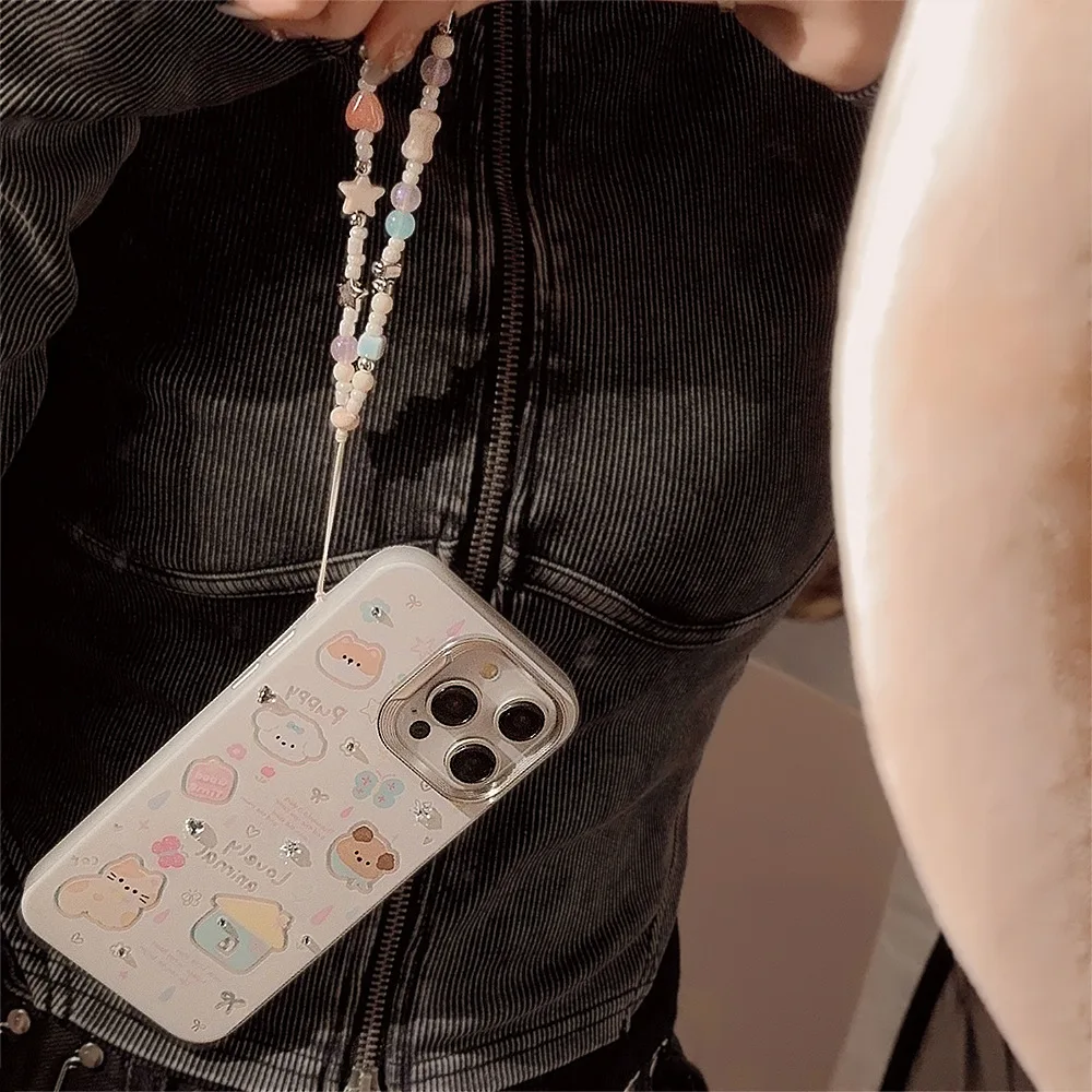 Funda de teléfono con dije de casa de cachorro y gato bonito con cordón para iPhone 16 15 14 11 13 12 Pro Max Plus, funda de teléfono Kawaii Doodle - imagen 3