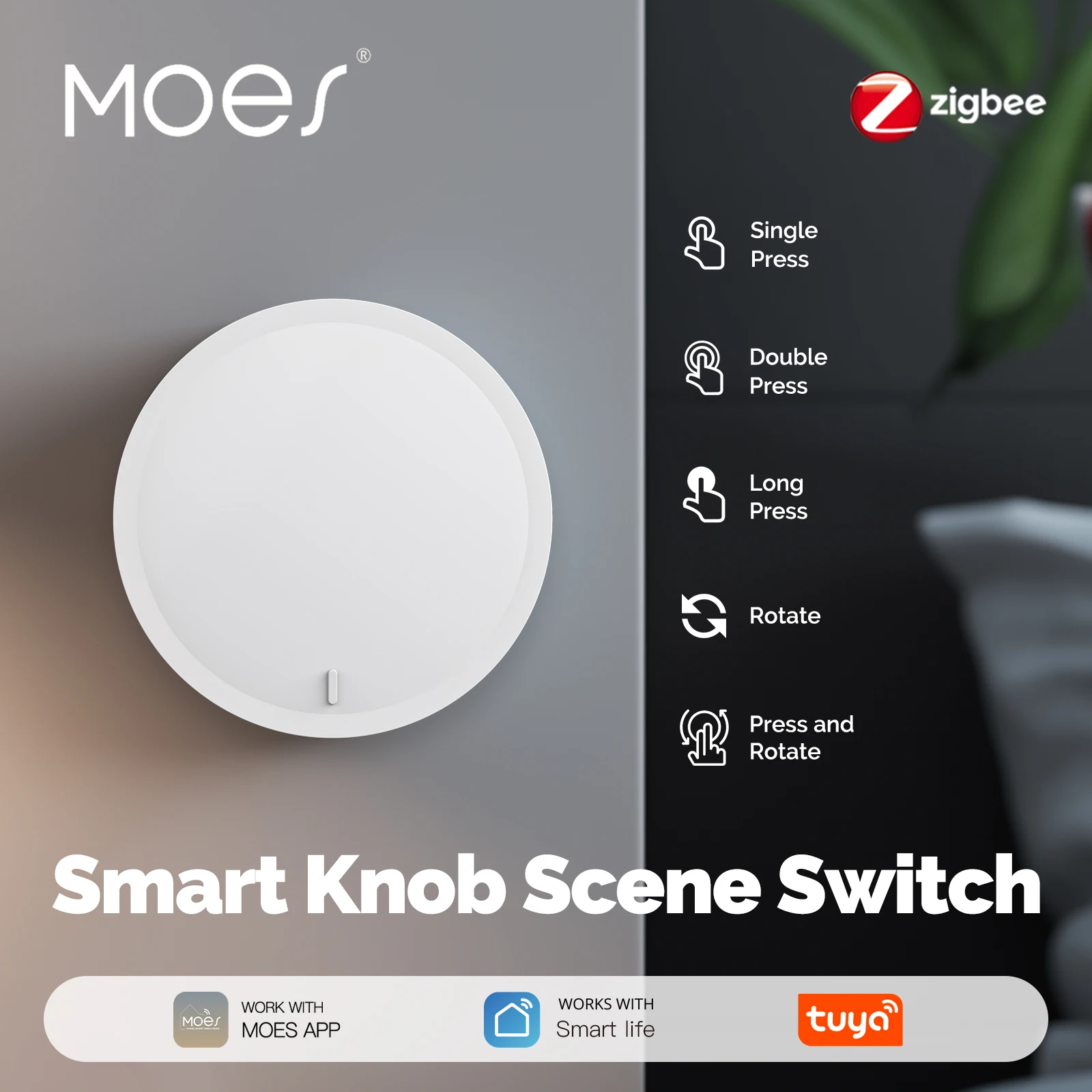 MOES Tuya ZigBee interruptor de perilla inteligente controlador de botón de escena inalámbrico, automatización alimentada por batería con escenarios de aplicación Smart Life