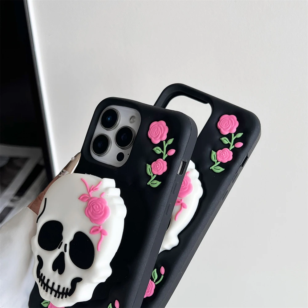 Moda creatividad cráneo Horror Rosa soporte funda para IPhone 17 16 15 14 13 12 11 Pro Max Plus funda suave a prueba de golpes - imagen 3
