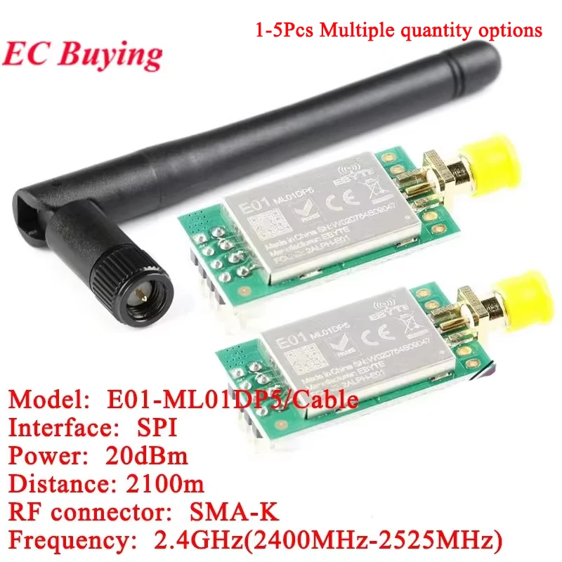 5 uds/1 unidad E01-ML01DP5 Ebyte 20dBm 2100m de largo alcance nRF24L01P + PA + LNA 2,4G módulo transceptor inalámbrico antena ML01DP5 con escudo