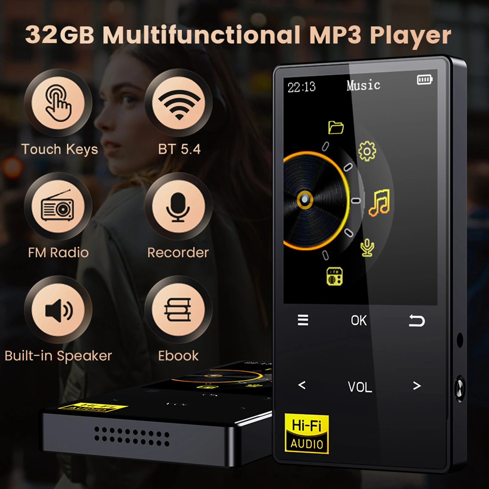 Reproductor de música digital sin pérdidas E-Book Reproductor de MP3 de alta fidelidad digital Radio FM Reproductor de audio de música digital con BT 5.4 para correr y viajar - imagen 3