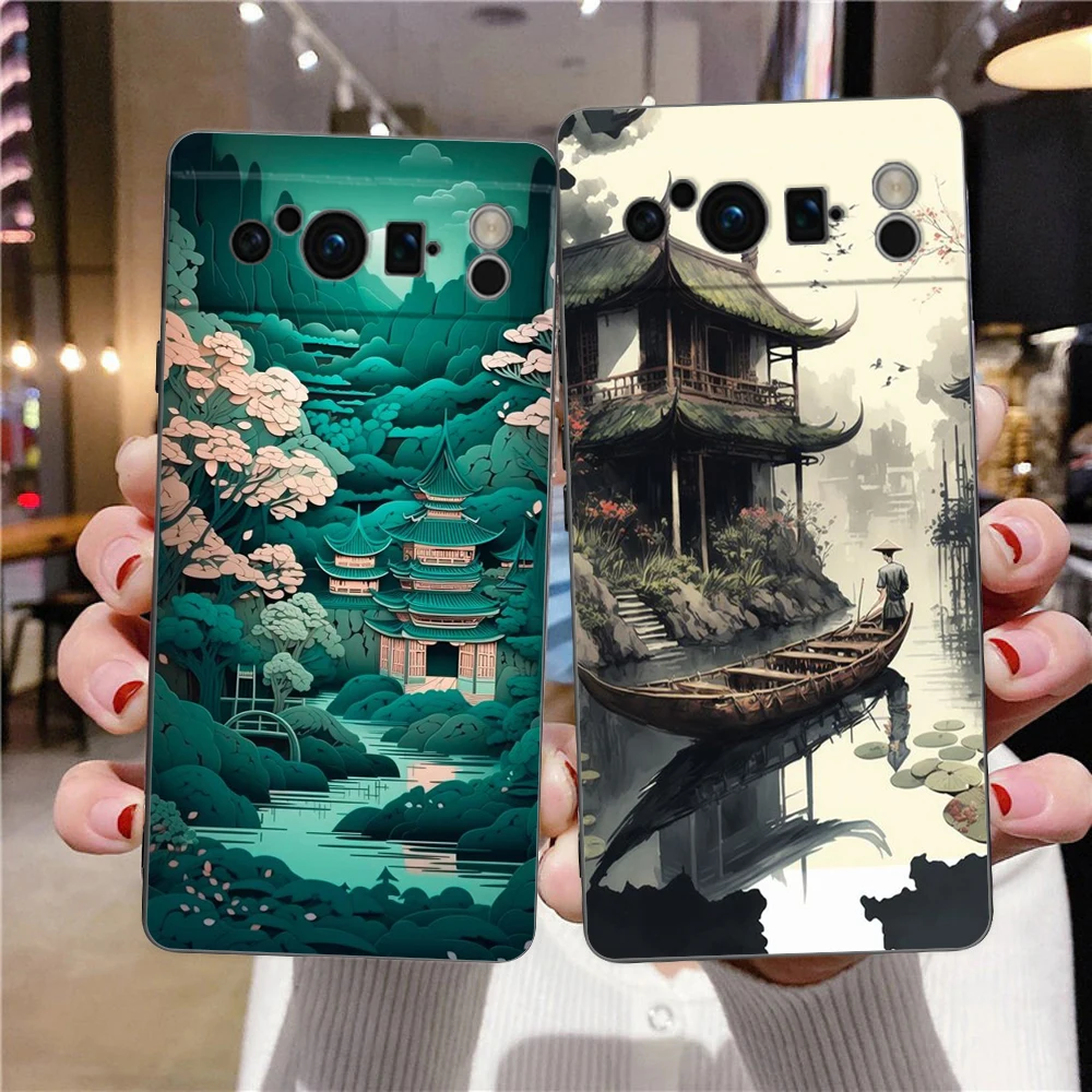 Funda de teléfono con paisaje japonés para Google Pixel 8, 7, 6 Pro, 8A, 6A, 7A, 5G, silicona suave a prueba de golpes, TPU, negra - imagen 2