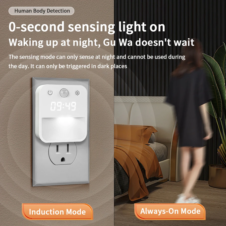 Reloj de luz nocturna con detección de movimiento humano, enchufe estándar UE/EE. UU., 110V-220V, atenuación infinita, pantalla de conmutación de tres colores - imagen 5