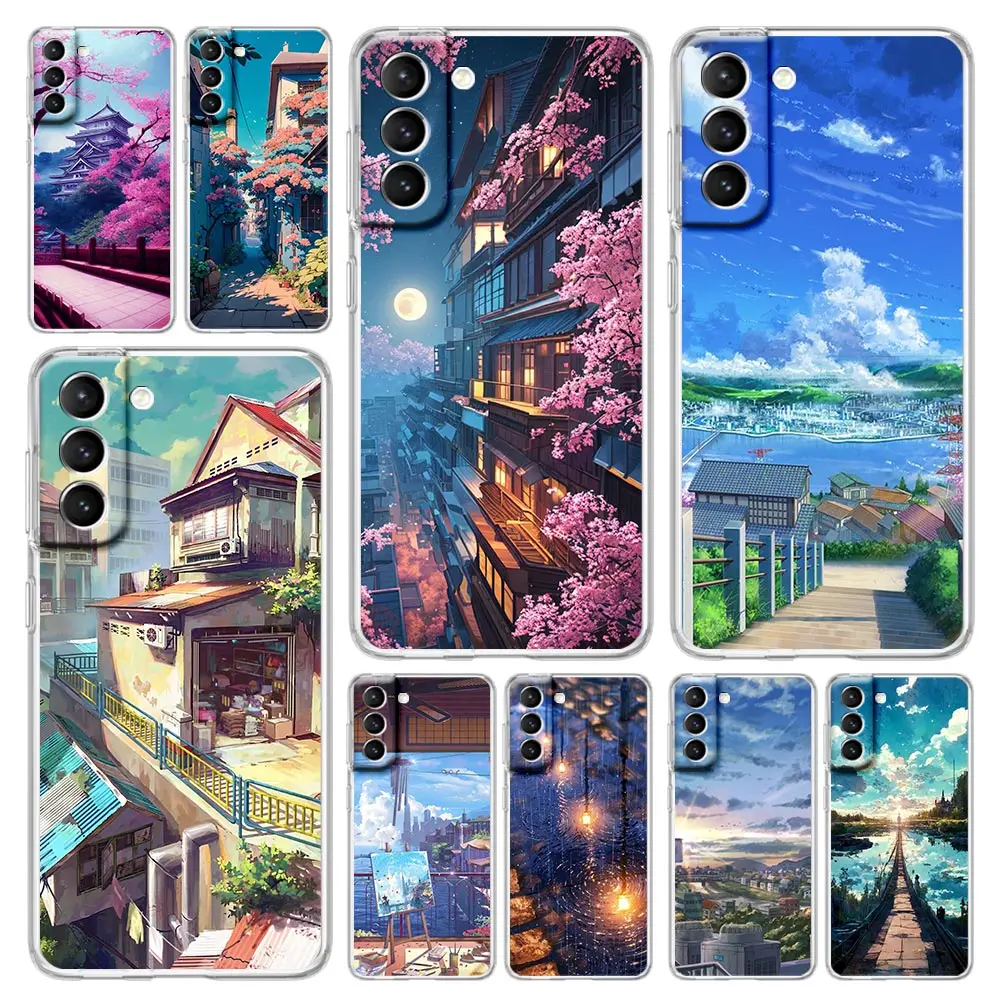 Funda de teléfono con paisaje de Anime japonés para Samsung Galaxy S23 Ultra S22 5G S20 S21 FE 5G S10E S9 S8 S10 Plus, funda transparente de silicona suave