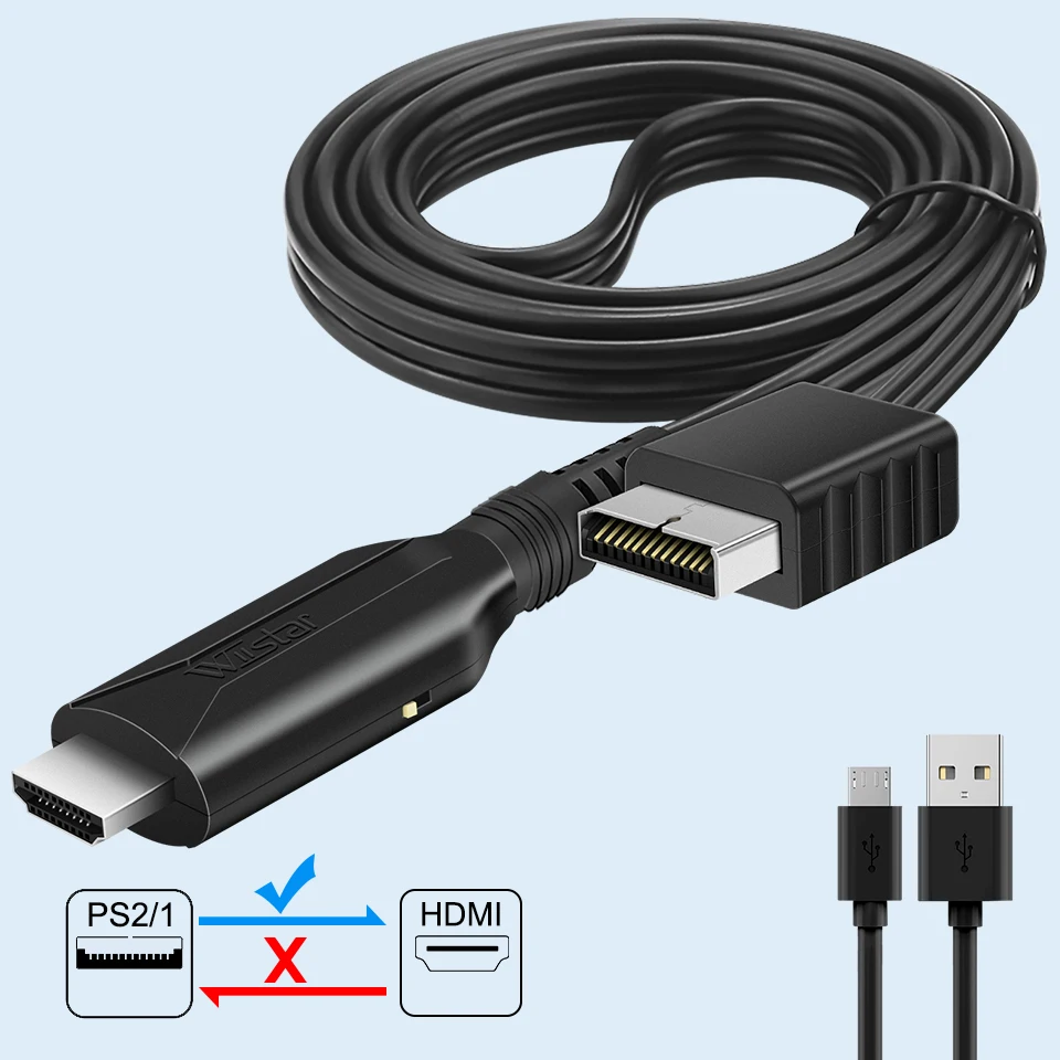 Adaptador Full HD de 1080P con Cable de alimentación de 5V CC para PS2 a HDMI, compatible con TV/Monitor/proyector/ordenador de PC, macho a macho
