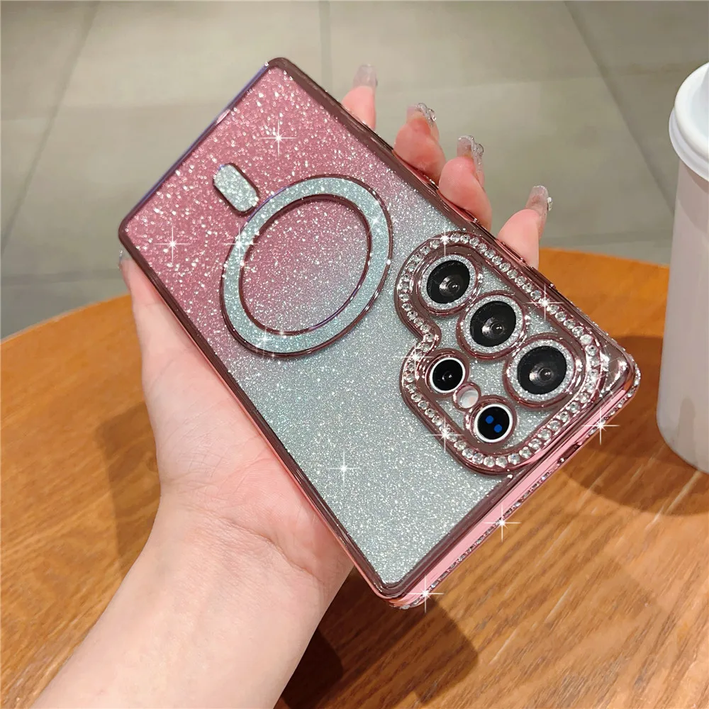 Funda con purpurina electrochapada magnética para Samsung S25 S24 S23 Ultra Plus FE A13 A14 A34 A54 A05 A15 A35 A55 A16, funda suave para teléfono - imagen 2