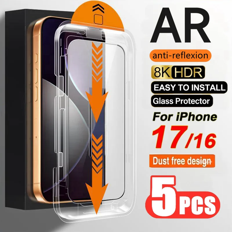 5 uds AR vidrio templado antirreflejo para IPhone 17 16 15 14 13 12 11 Pro Max Protector de pantalla de borde de arco vidrio fácil de instalar