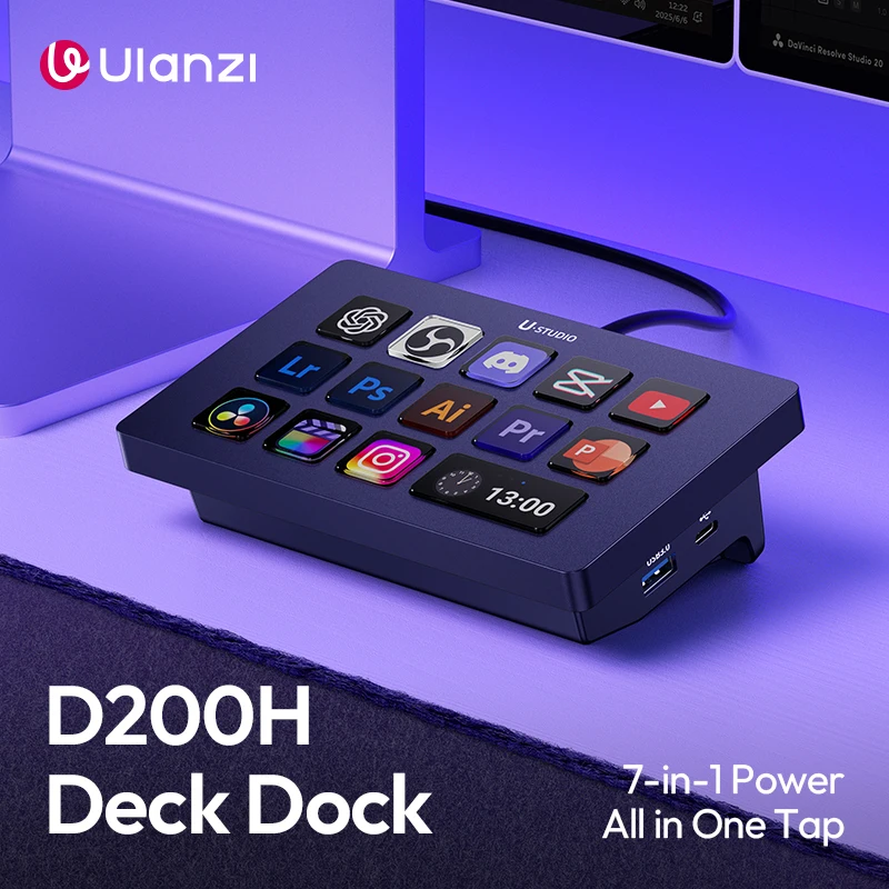 Ulanzi D200H Deck Dock Controlador de transmisión de oficina alimentado por IA para luz de relleno de computadora para OBS YouTube TikTok Bilibili
