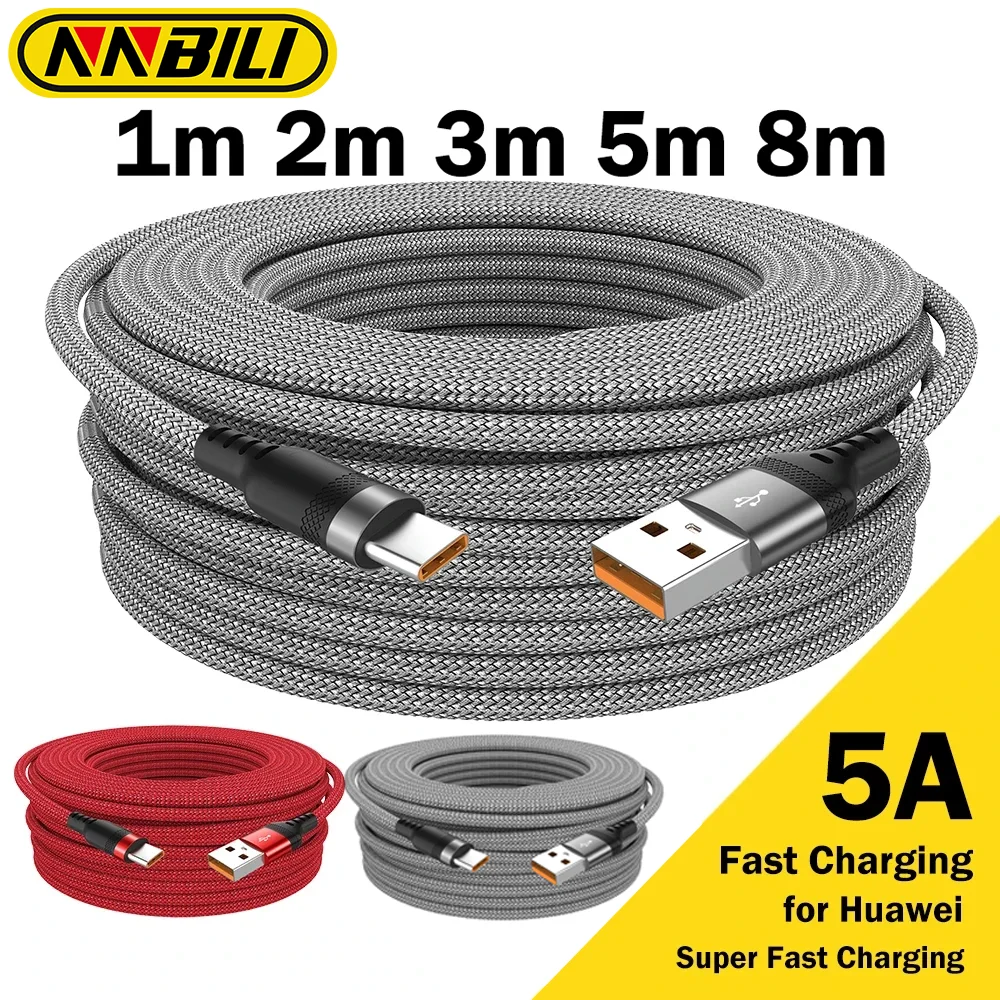 NNBILI Cable de carga súper extendido tipo C USB/Micro USB 5A de 5 metros adecuado para Huawei Xiaomi Vivo y Cable de datos de teléfono Leeco