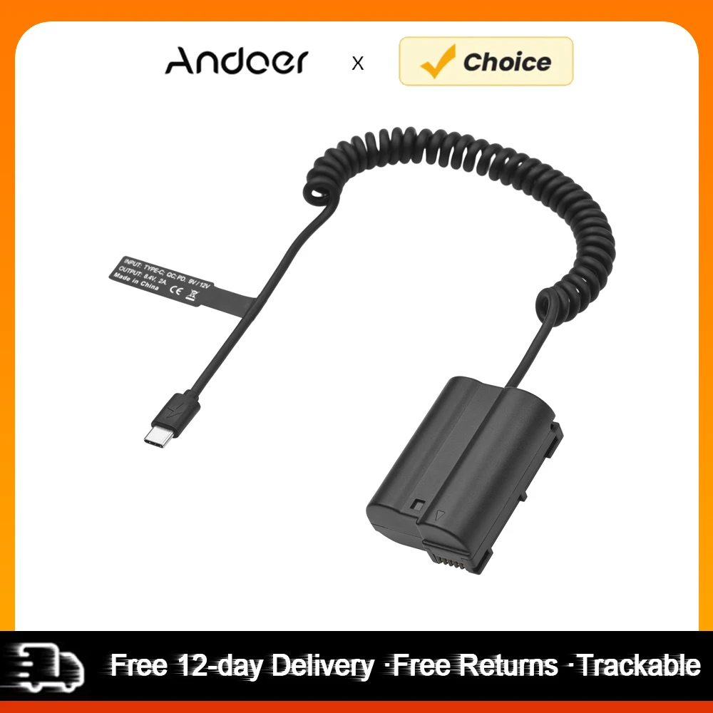 Andoer-acoplador de batería ficticia de EN-EL15, adaptador de USB-C de batería ficticia con Cable de alimentación de resorte USB tipo C para Nikon Z7 Z6