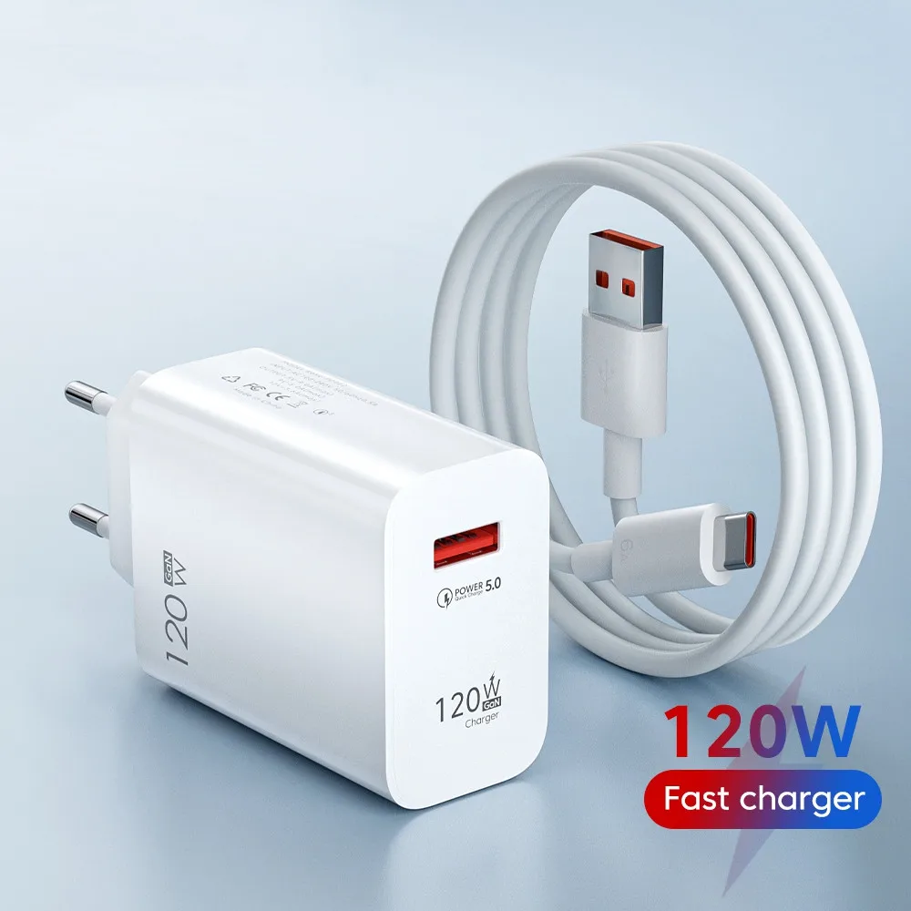 Adaptador de cargador de teléfono con enchufe USB de 120W para iPhone, Samsung, Xiaomi, Huawei, Cable tipo C, cargador de pared de carga rápida