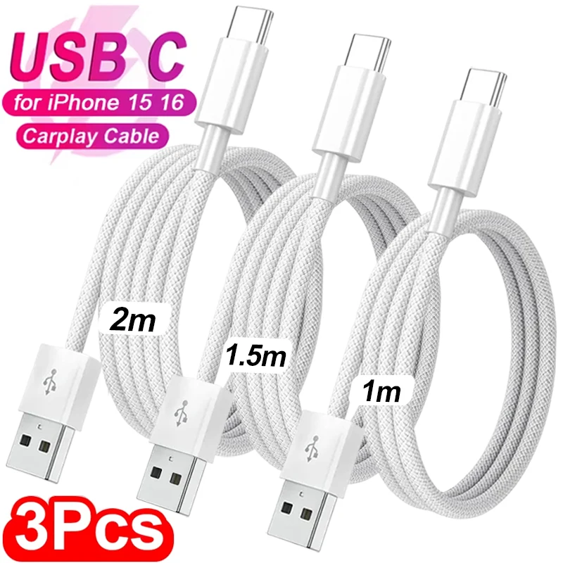 Cable de teléfono móvil USB C de carga rápida USB A a tipo C Cable trenzado de nailon para Apple Carplay iPhone 16 Pro 15 Pro Max Plus, 3/1 Uds.