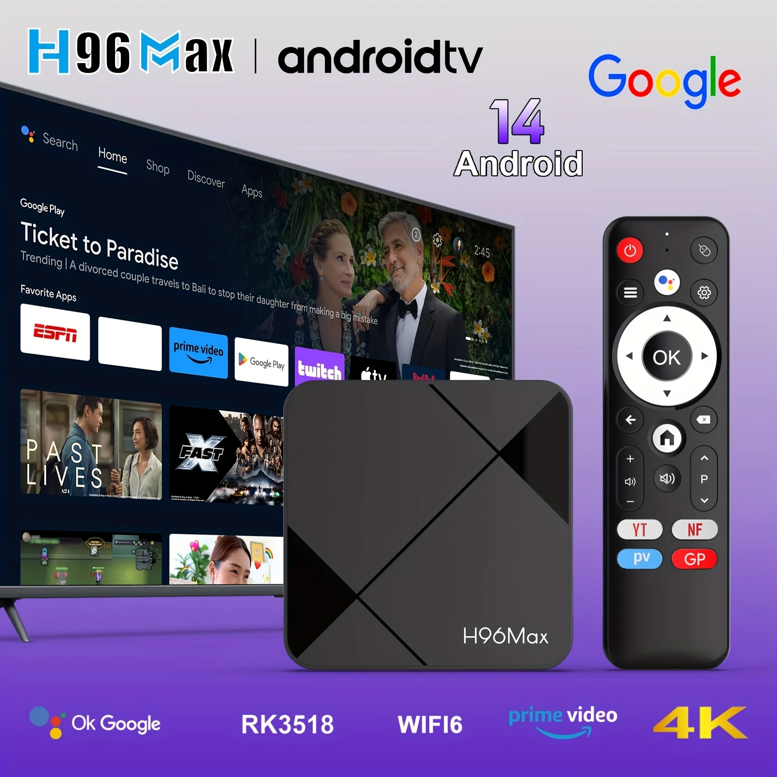 H96 MAX RK3518 Smart TV Box Android14.0 TV BOX Wifi6&BT5.4 4K@60fps HD 100M Ethernet Google Voice Assistant Media Player Tvbox - imagen 2