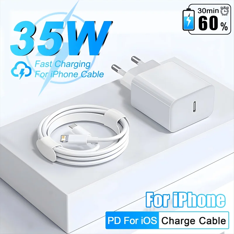 Cargador rápido PD de 35W para iPhone 14, 13, 12, 11 Pro Max, Mini, 7, 8 Plus, XR, Cable tipo C, Cable de carga rápida, accesorios para teléfono