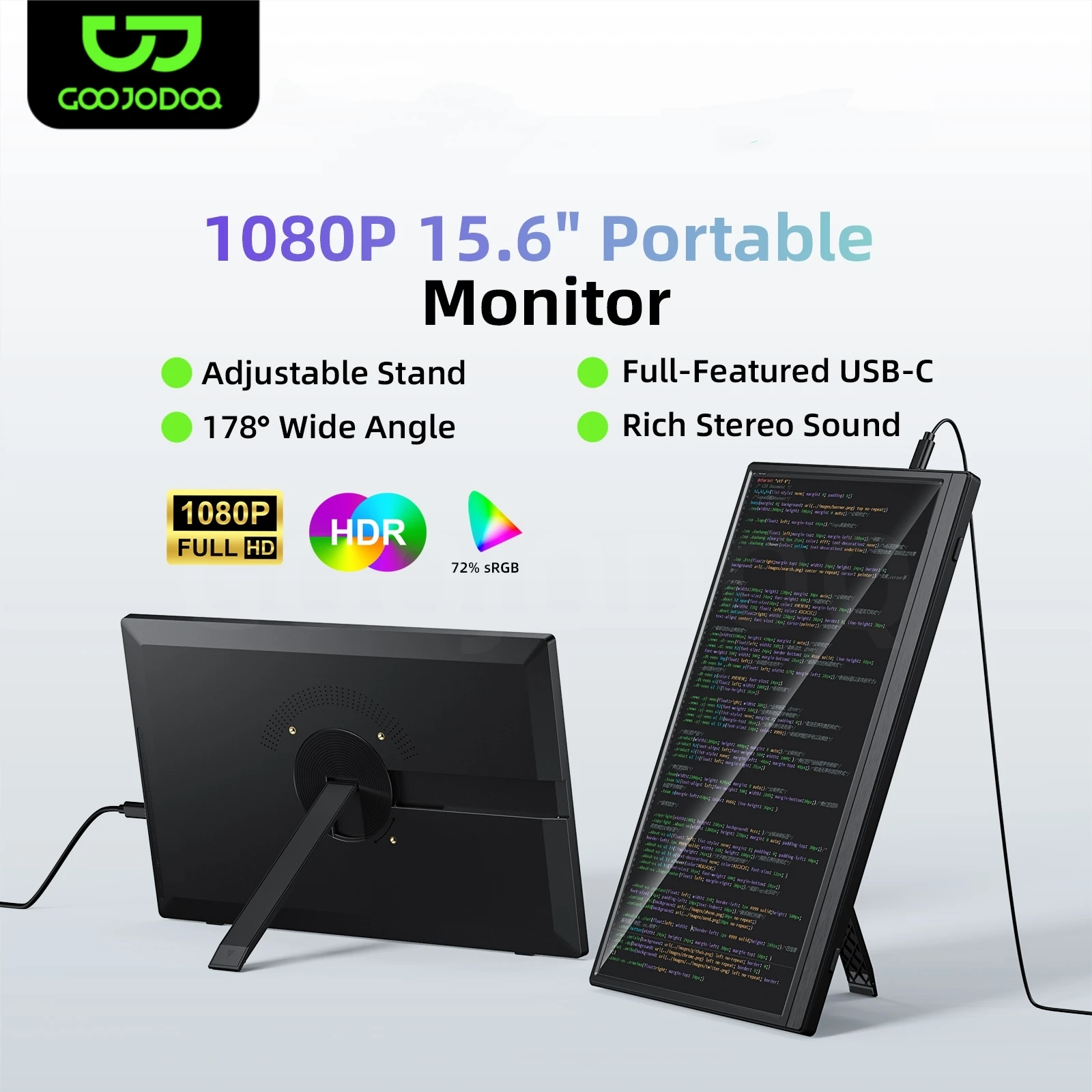 GOOJODOQ Monitor portátil para computadora portátil 15.6'' 1920*1080P FHD Tres modos flexibles 90 °   Soporte giratorio con cubierta inteligente versátil