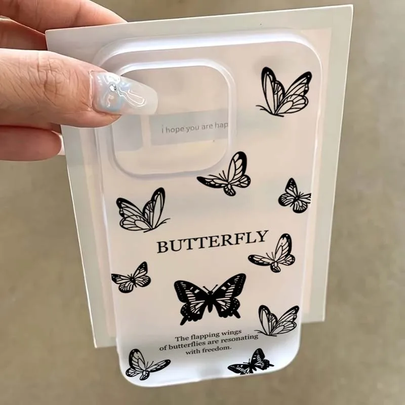 Funda de teléfono para iPhone 11 12 13 14 15 16 Pro Max 13 Mini XR XS X 7 8 Plus SE2 Mariposa floral esmerilada Diseño simple Cubierta de parachoques