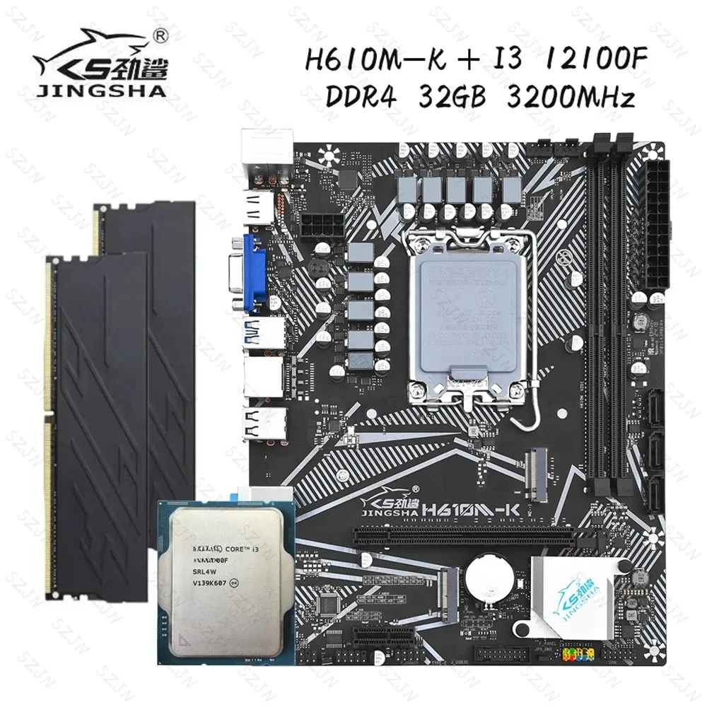 Juego de placa base JINGSHA H610M-K con Kit Core I3 12100F DDR4 32GB 3200MHz PCI-E 5,0 compatible con M.2 NVME NGFF SATA 3 ATX de escritorio