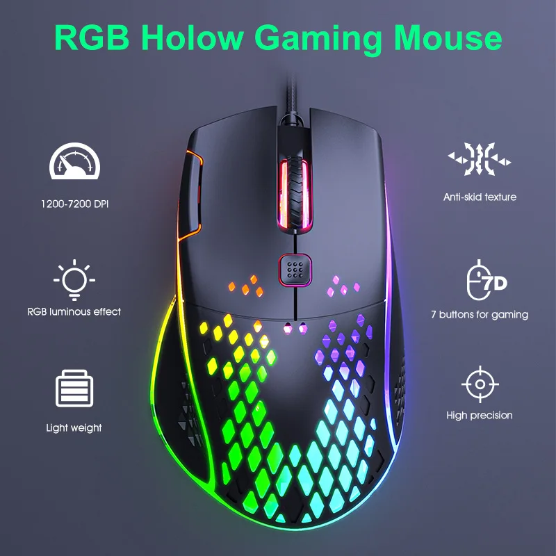 Accesorios de ordenador UTHAI T97, ratón luminoso RGB para juegos, tecla de mejora de energía de fuego hueca USB, ratón con cable de siete teclas de 7200DPI - imagen 4