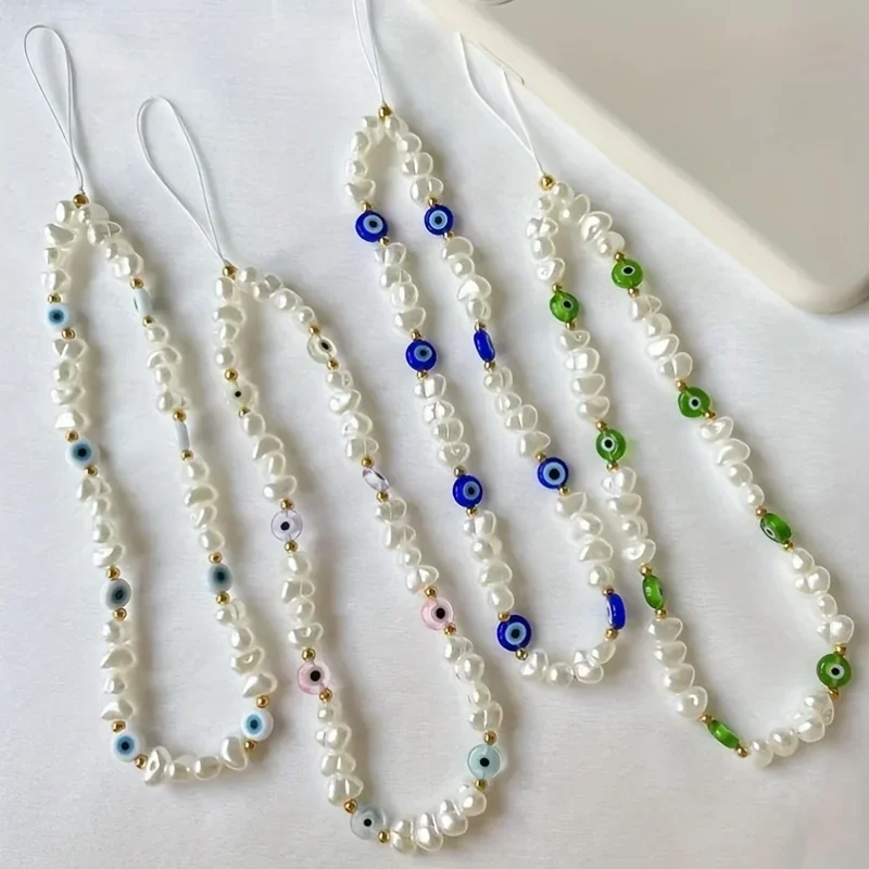Abalorio para teléfono con perlas de mal de ojo único y elegante, colgante de cuentas irregulares hecho a mano con perlas de imitación coloridas para regalo de moda para mujer - imagen 2