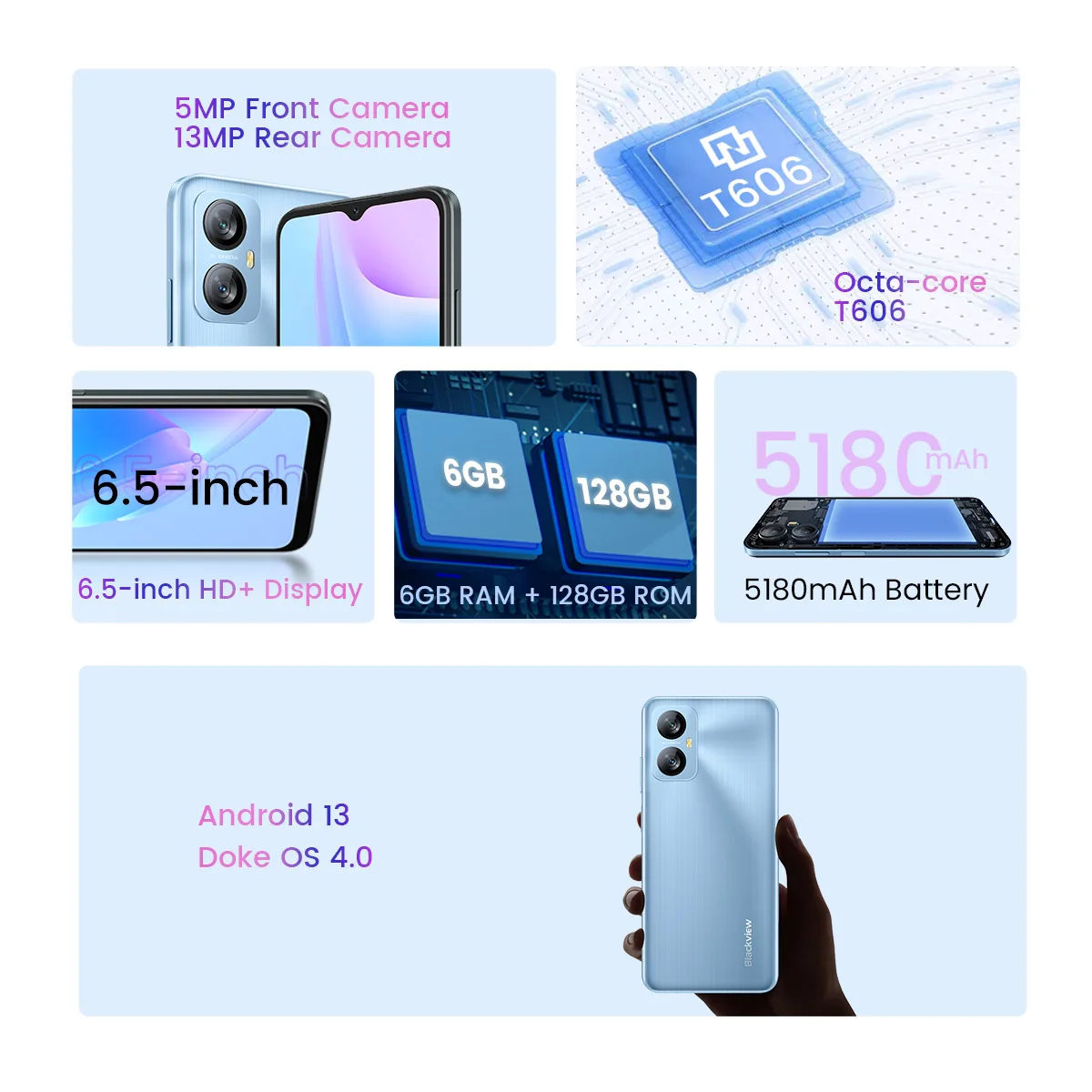 Blackview-teléfono inteligente A52 Pro, Smartphone con Android 13, 6,5 pulgadas, 6GB, 128GB, ocho núcleos, 5180mAh, cámara trasera de 13MP, 4G Dual - imagen 2