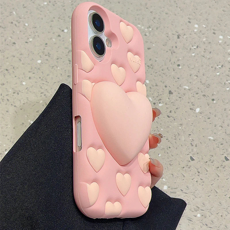 Funda de descompresión con soporte de corazón de amor 3D rosa para iPhone 16 15 13 14 12 Pro Max, funda de teléfono de silicona suave - imagen 5