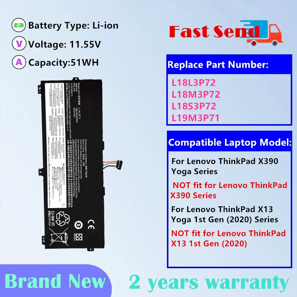 Batería de ordenador portátil L18M3P72 para Lenovo ThinkPad X390 Yoga X13 Yoga 1a generación (2020) serie L18L3P72 L18S3P72 L19M3P71