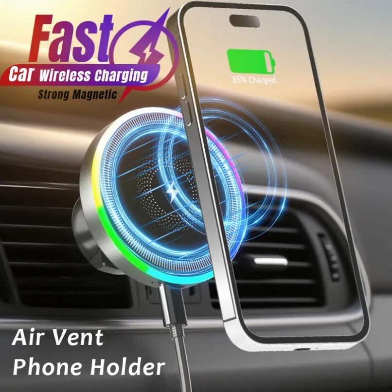 Cargador inalámbrico magnético para coche, soporte para salida de aire, Clip, soporte para teléfono, luz RGB para iPhone 16, 15, 14, 13, 12 Pro Max, carga rápida